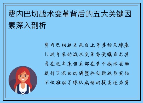 费内巴切战术变革背后的五大关键因素深入剖析