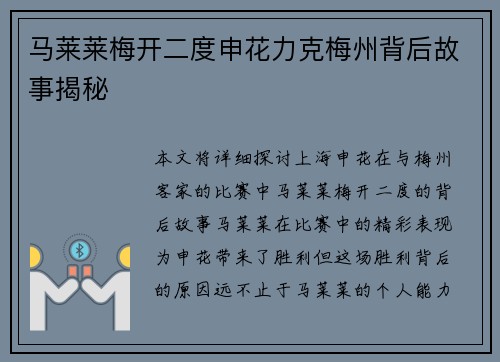 马莱莱梅开二度申花力克梅州背后故事揭秘